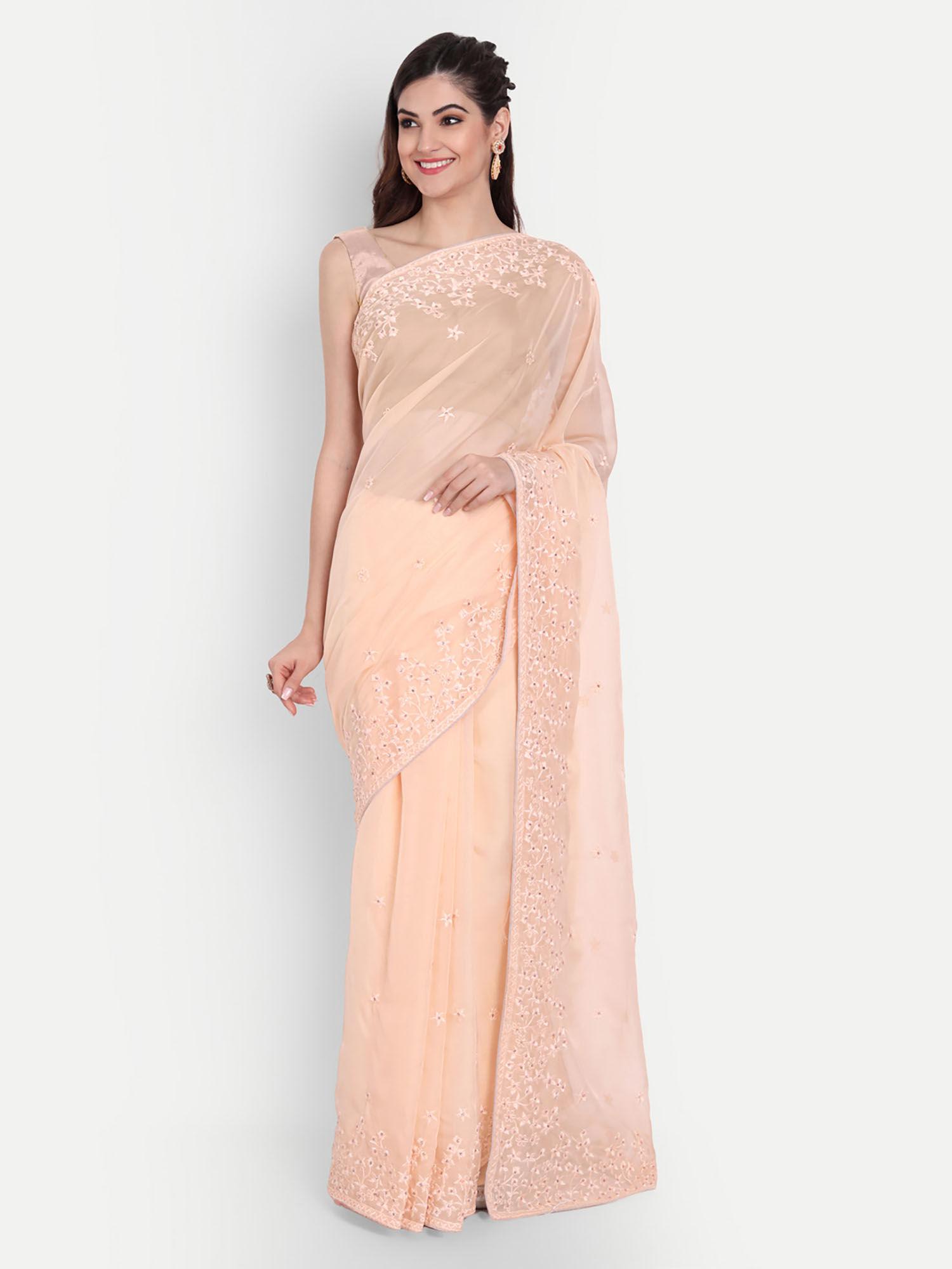 peach organza self thread embroidered saree with unstitched blouse