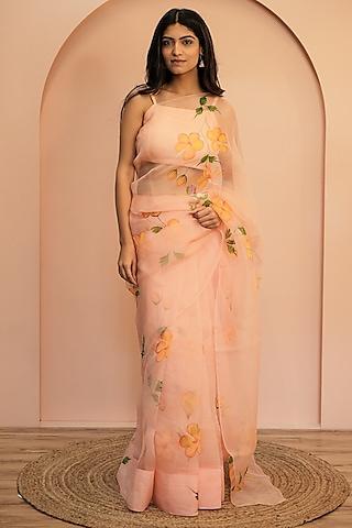 peach organza silk floral hand-painted saree set