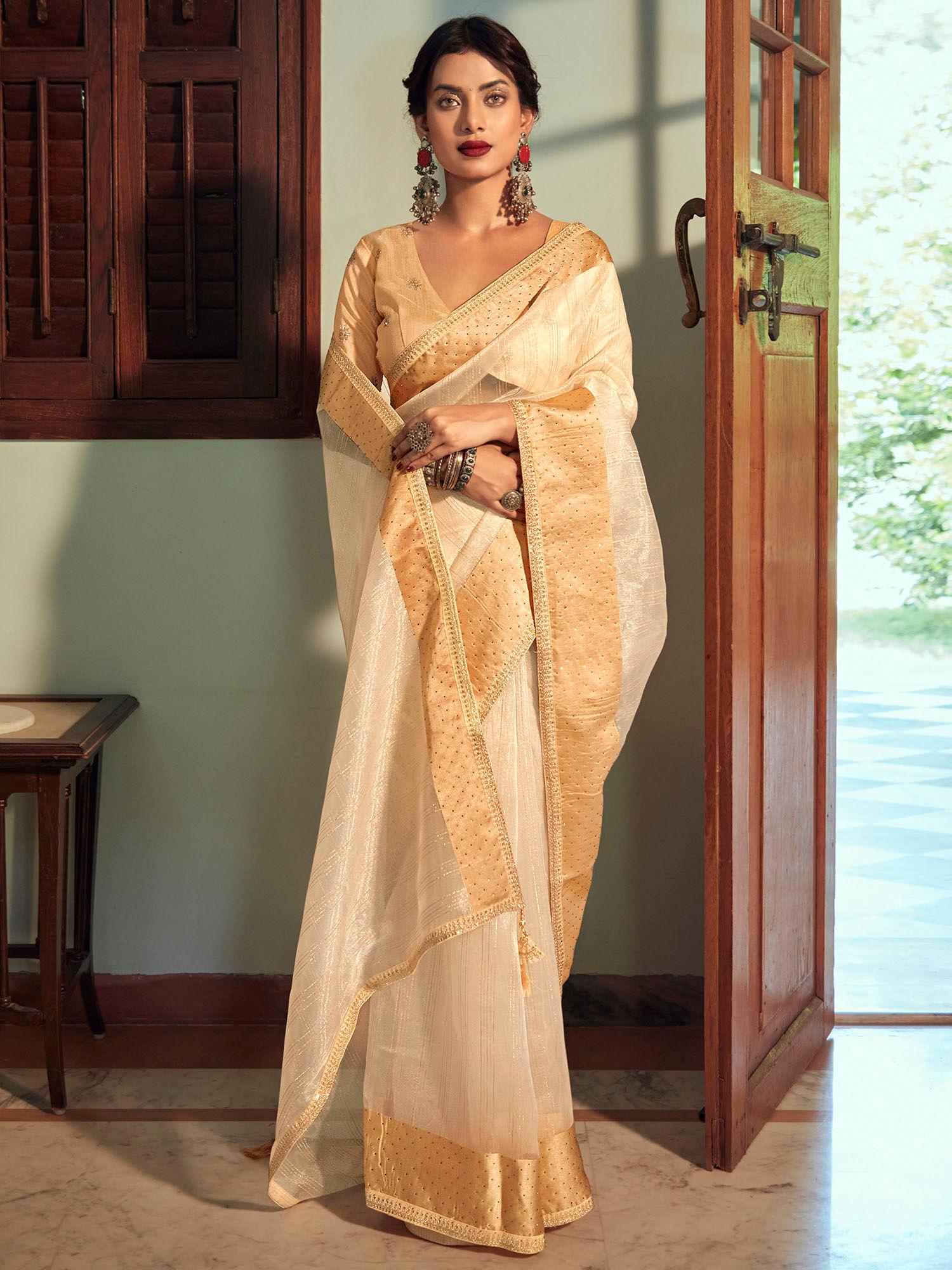 peach organza woven saree with unstitched blouse