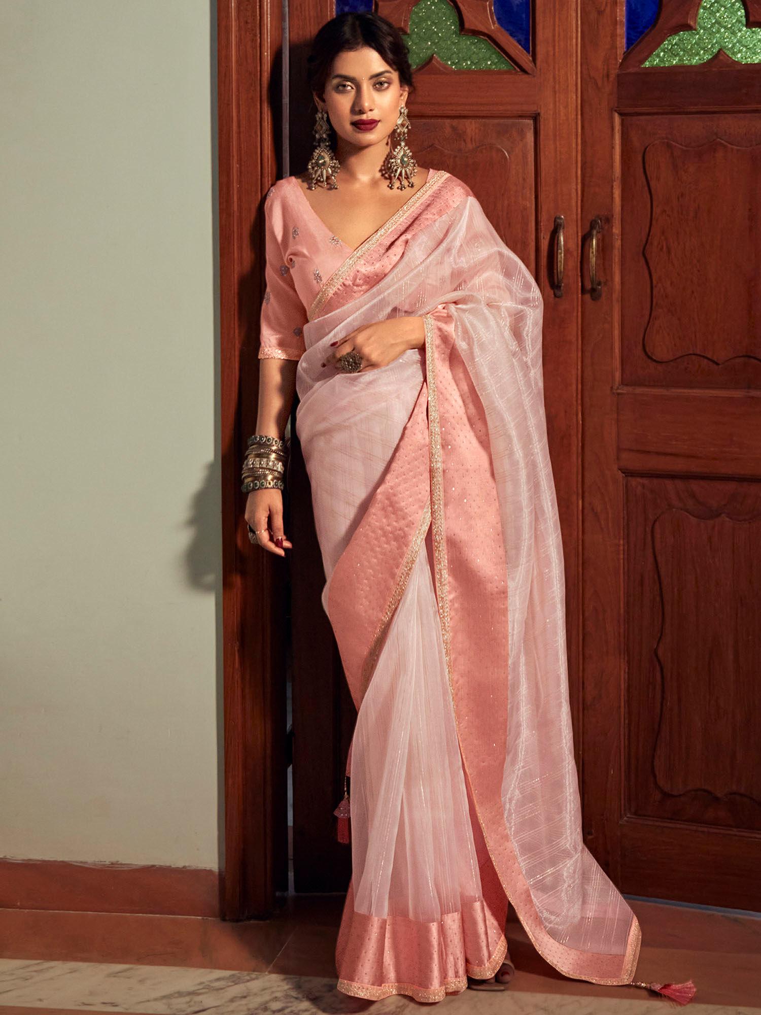 peach organza woven saree with unstitched blouse