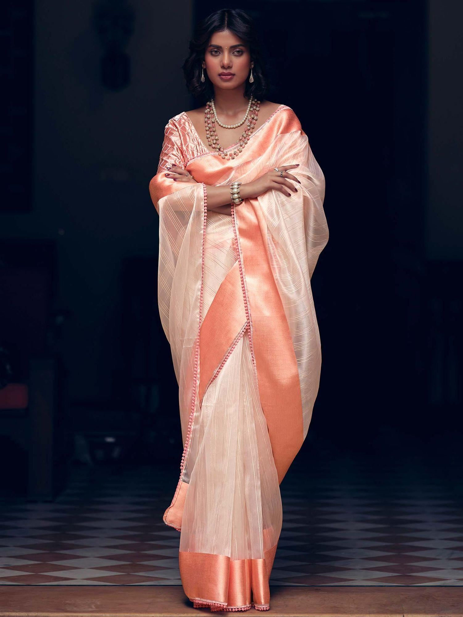 peach organza woven saree with unstitched blouse