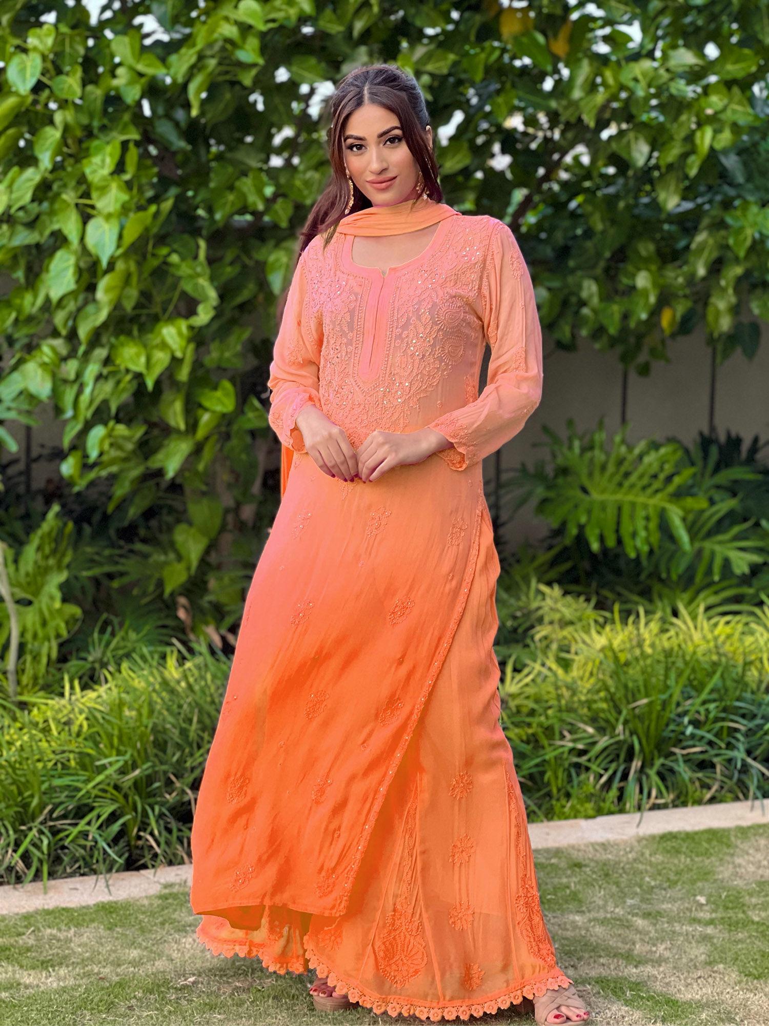 peach paradise ombre chikankari and mukaish kurta (set of 3)