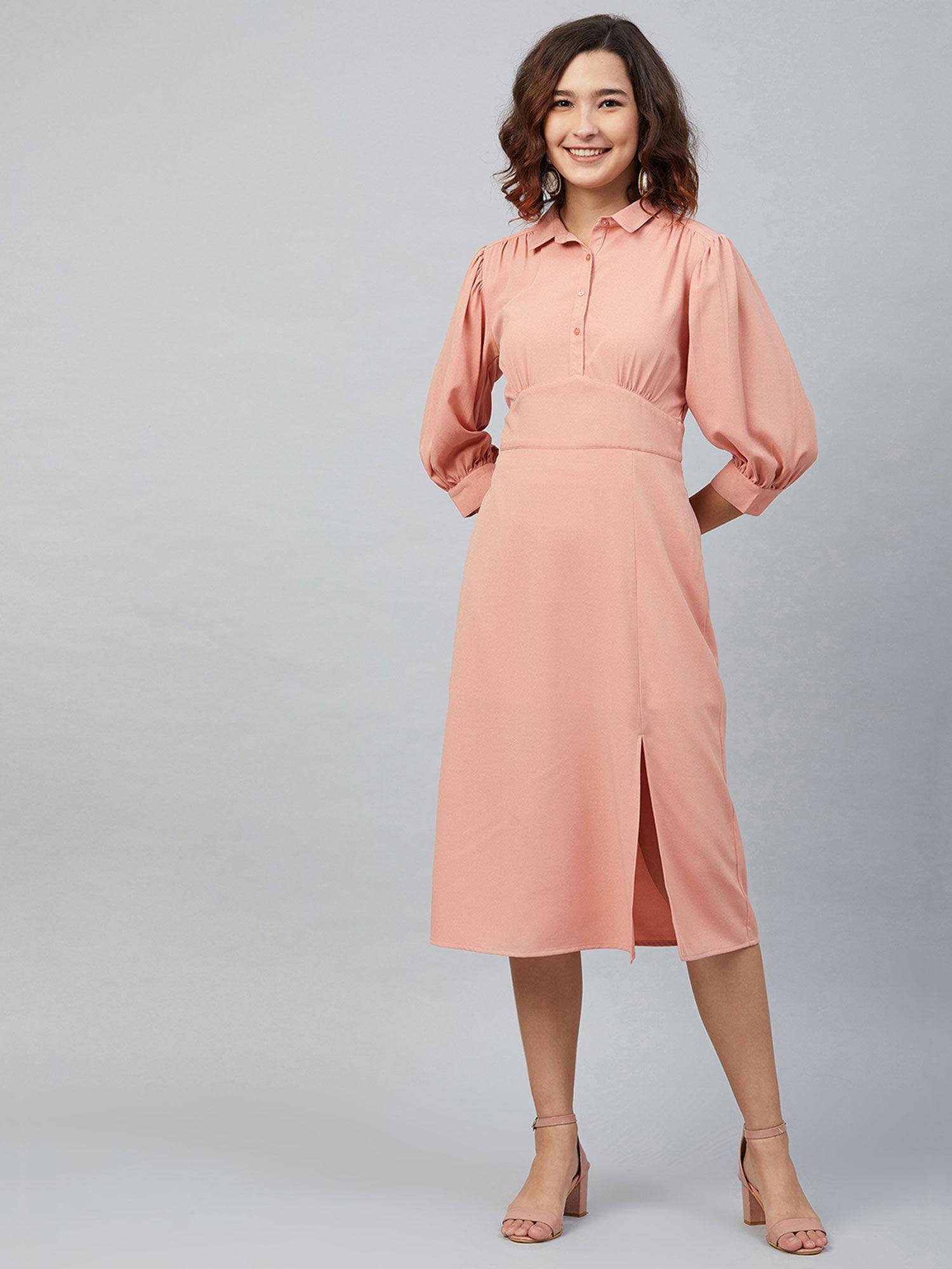 peach peach a-line solid midi dress