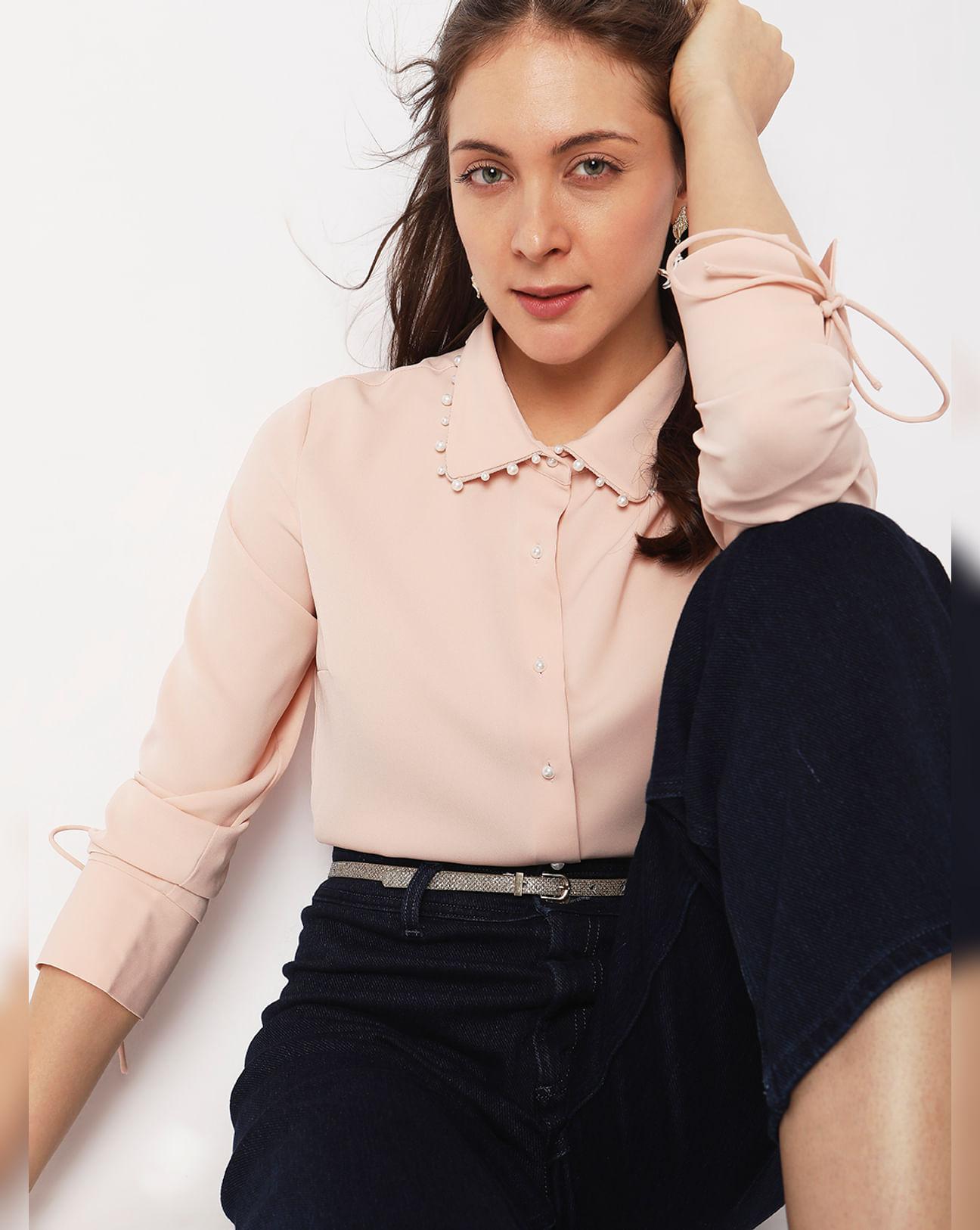 peach pearl detail shirt