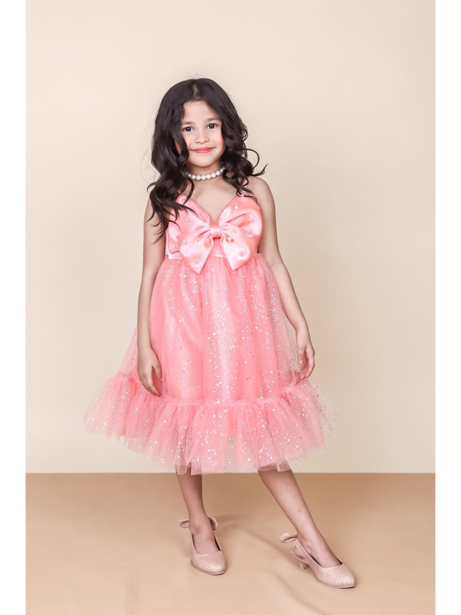 peach pearl embellished satin partywear dress