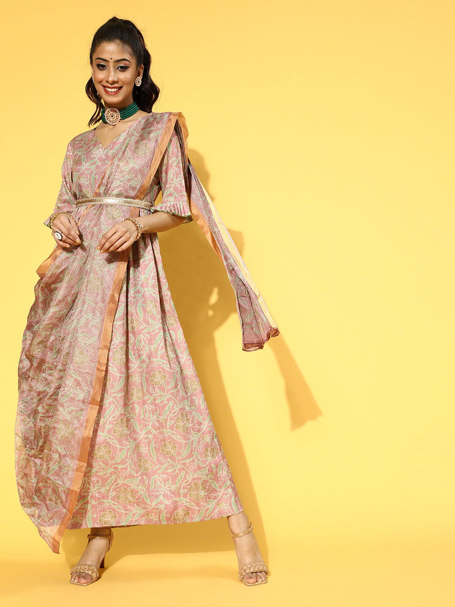 peach pink & green floral print belted maxi dress with dupatta (set of 3)