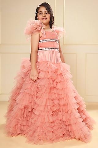 peach pink butterfly net crystals ruffled gown for girls