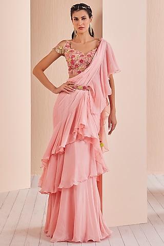 peach-pink chiffon draped saree set