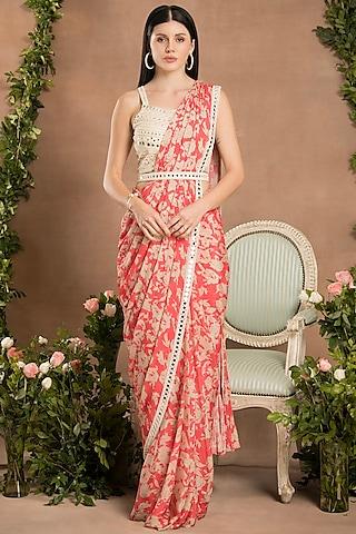 peach pink chinon digital printed pre-draped pleated saree set