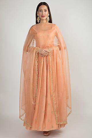 peach pink embroidered anarkali with dupatta