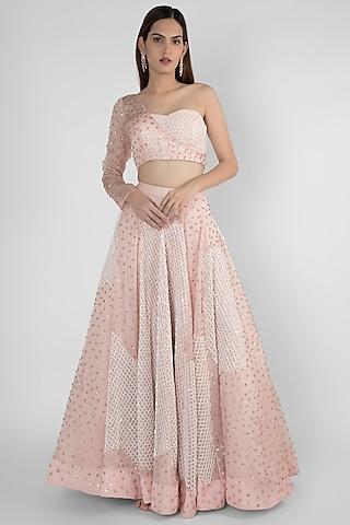 peach pink embroidered skirt with crop top