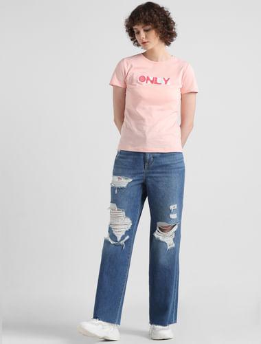 peach pink logo text t-shirt