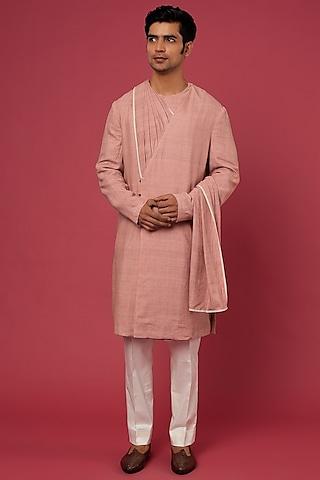 peach pink raw silk kurta set