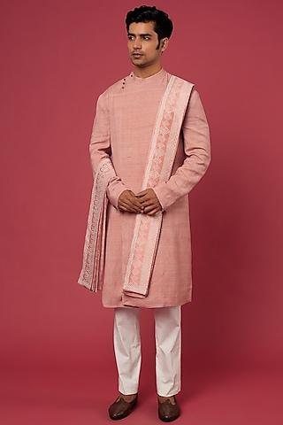 peach pink raw silk kurta set