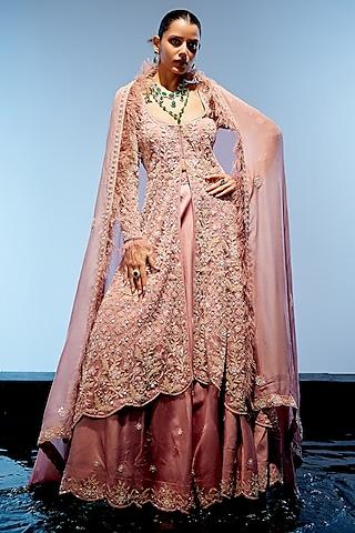 peach pink satin organza motif hand embroidered jacket lehenga set