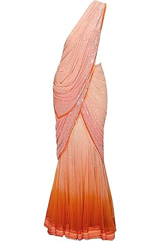 peach pink shaded sequins embroidered concept sari with beige crystal work blouse