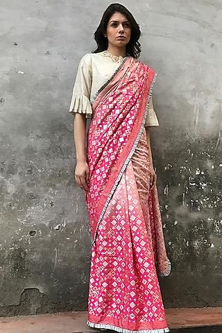peach pink silk printed saree set