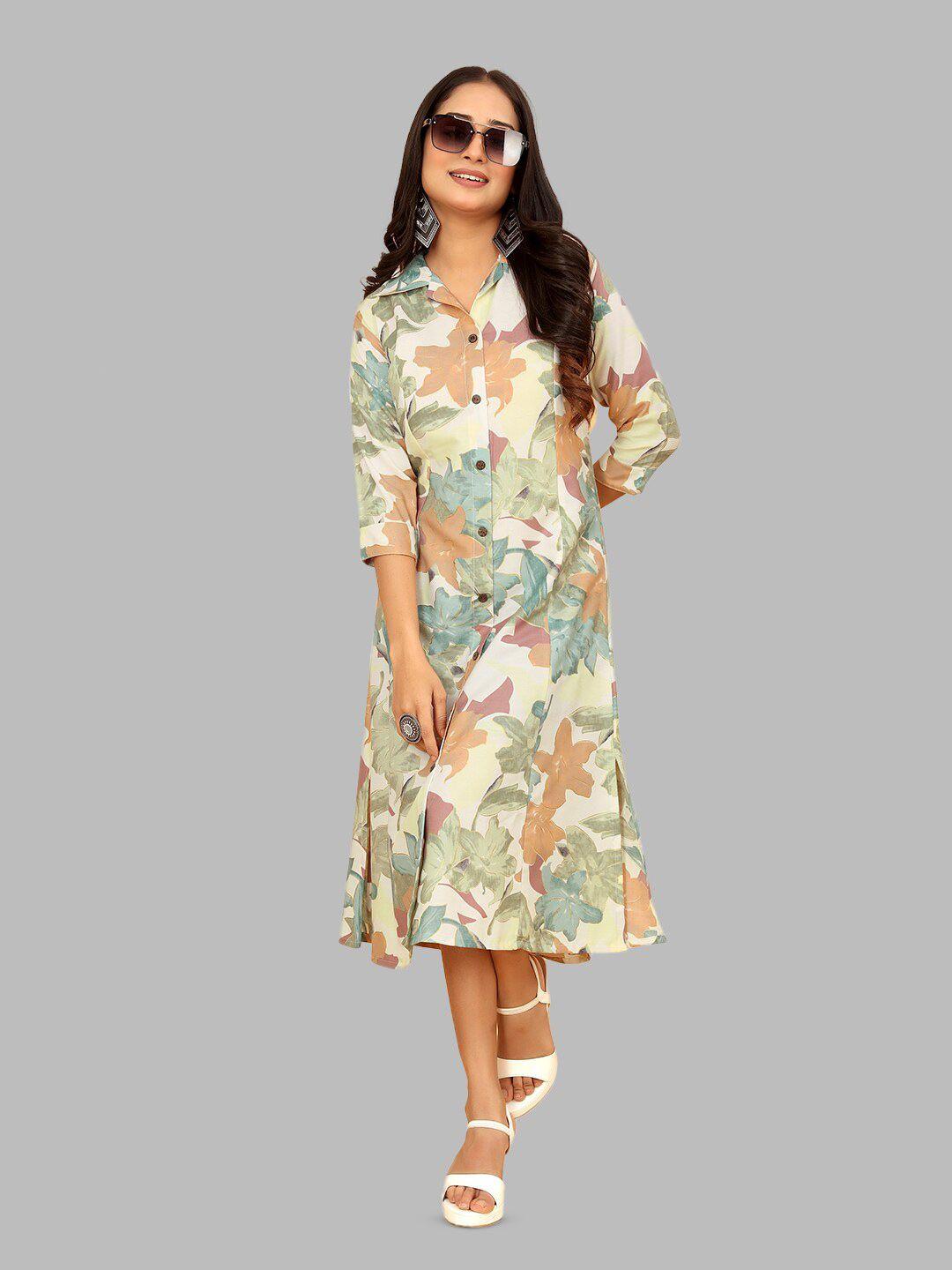 peach piper floral printed shirt collar pure cotton a-line midi ethnic dress