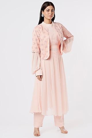 peach pleated tunic set with jacket
