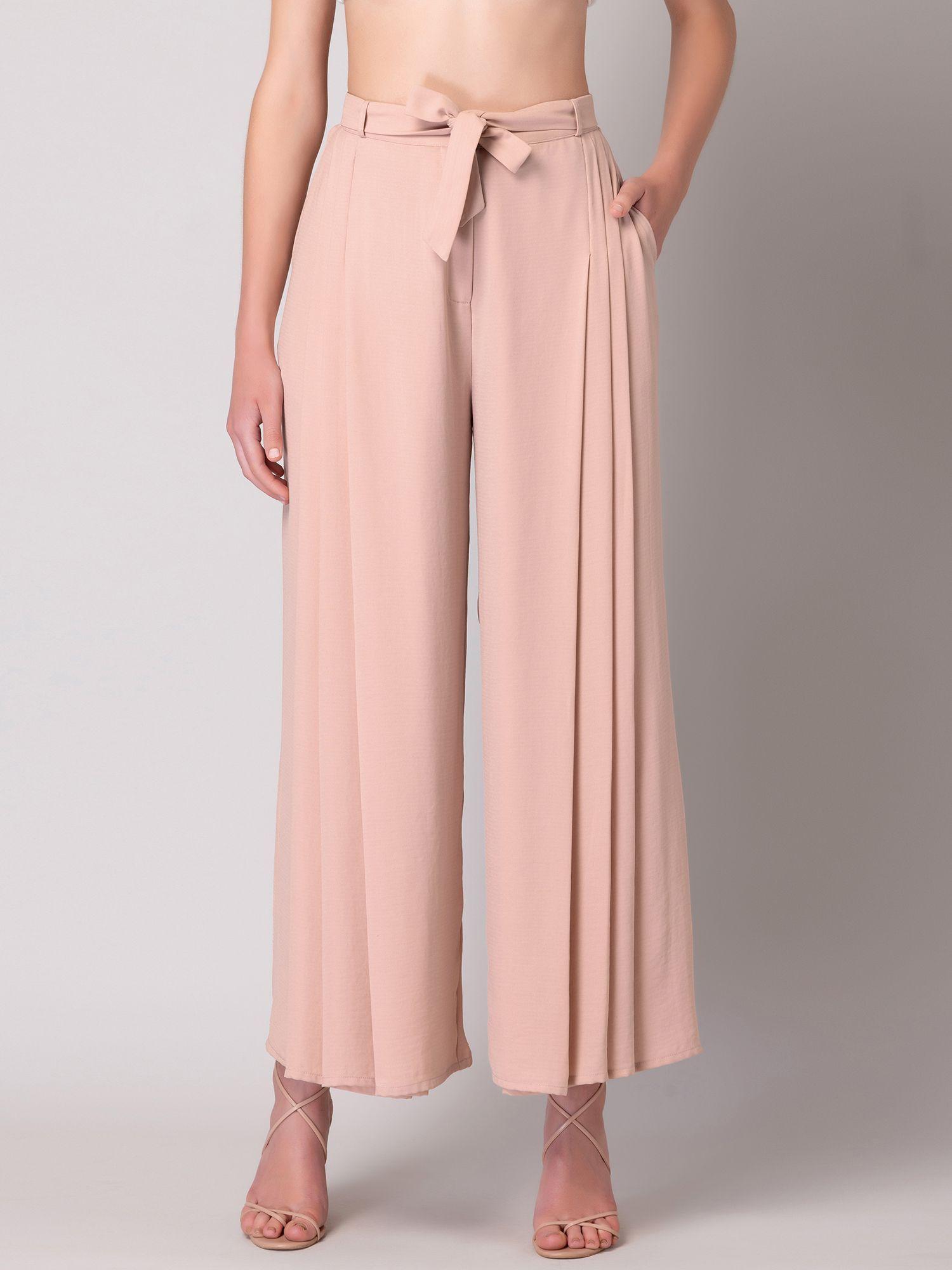 peach pleated wide legged trousers with belt (set of 2)