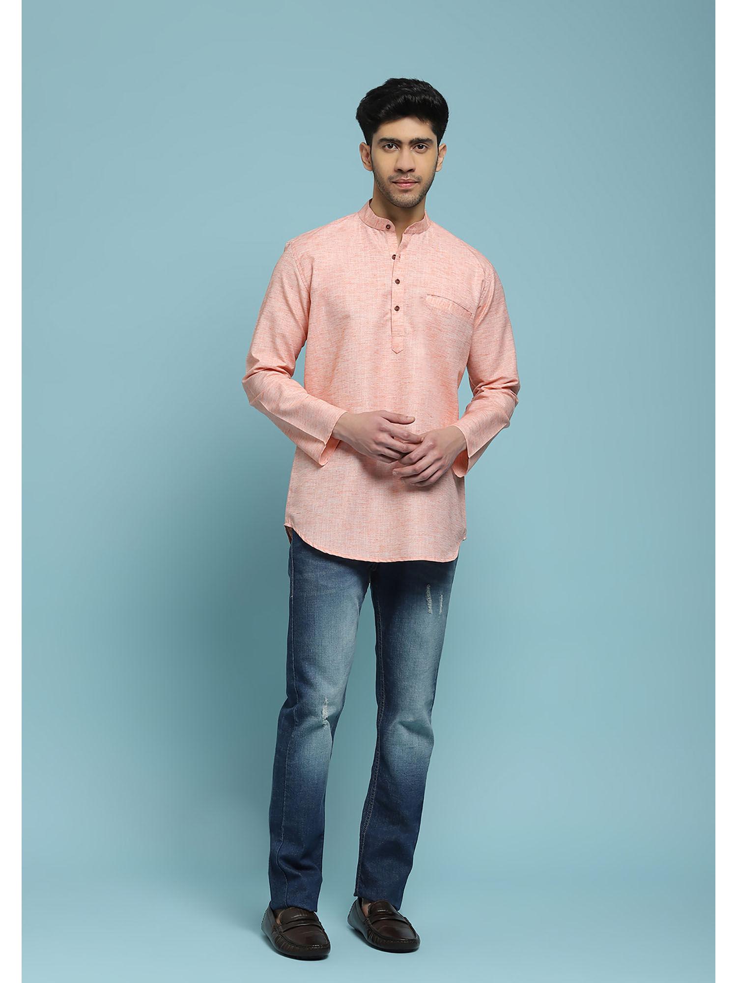 peach poly cotton men's short kurta