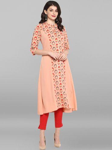 peach poly crepe printed casual kurta