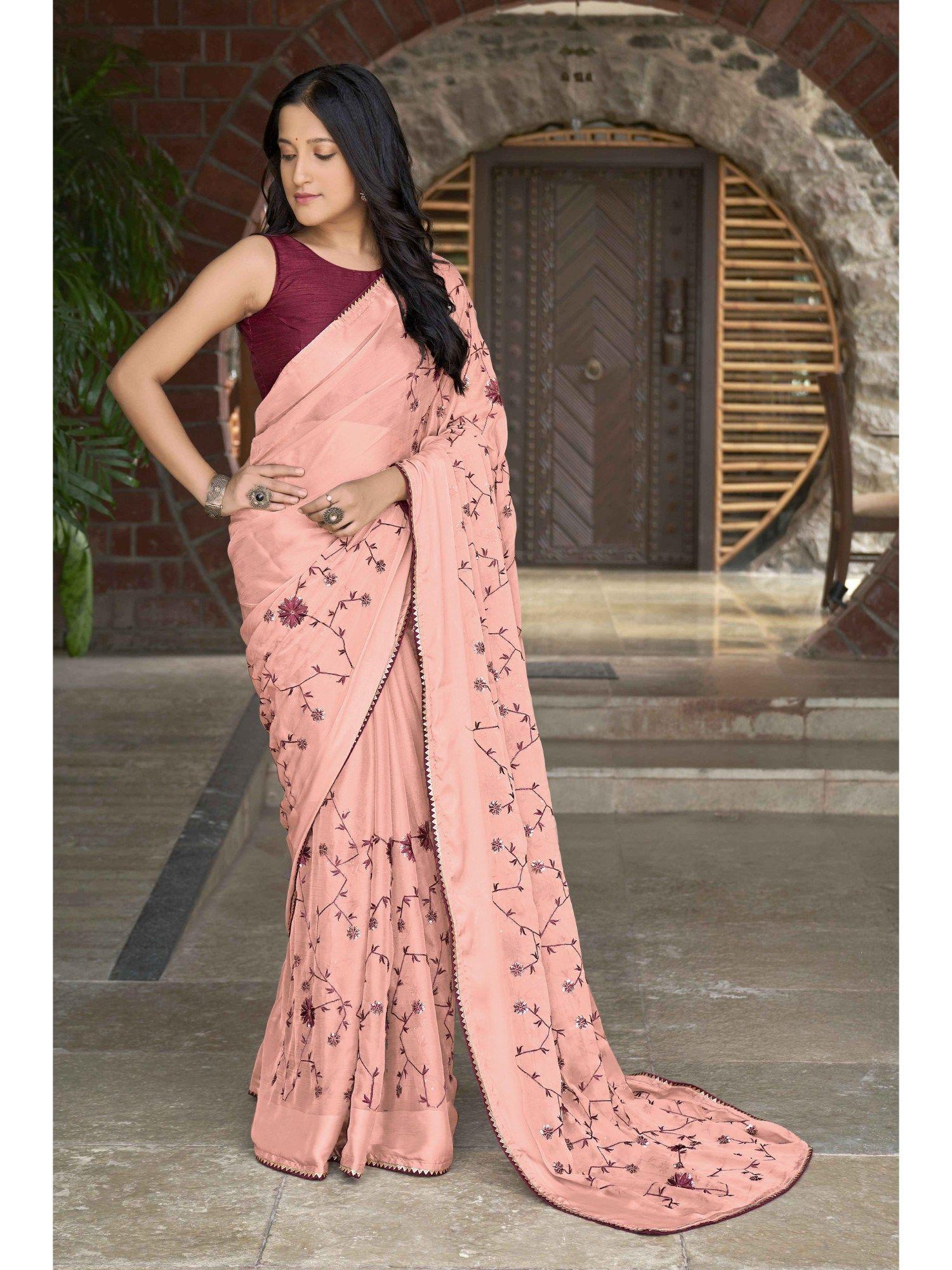 peach poly georgette embroidered saree with unstitched blouse