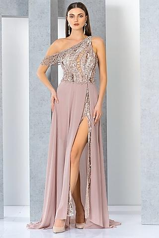 peach poly net & chiffon hand embroidered one-shoulder gown
