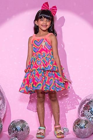 peach polyester digital printed two-layered dress for girls