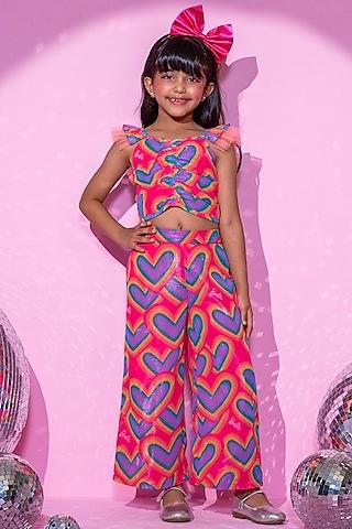 peach polyester printed co-ord set for girls