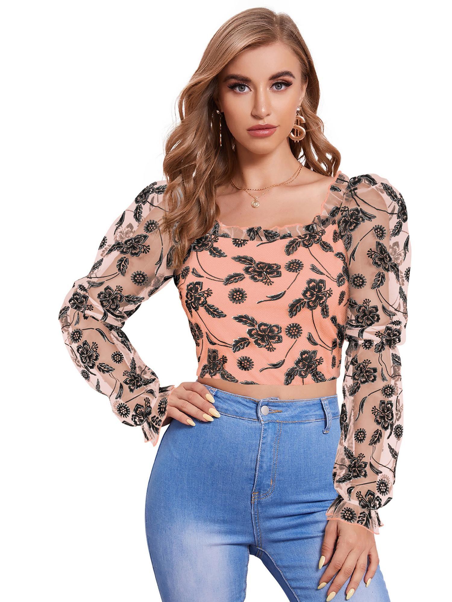 peach polyester printed crop top for women