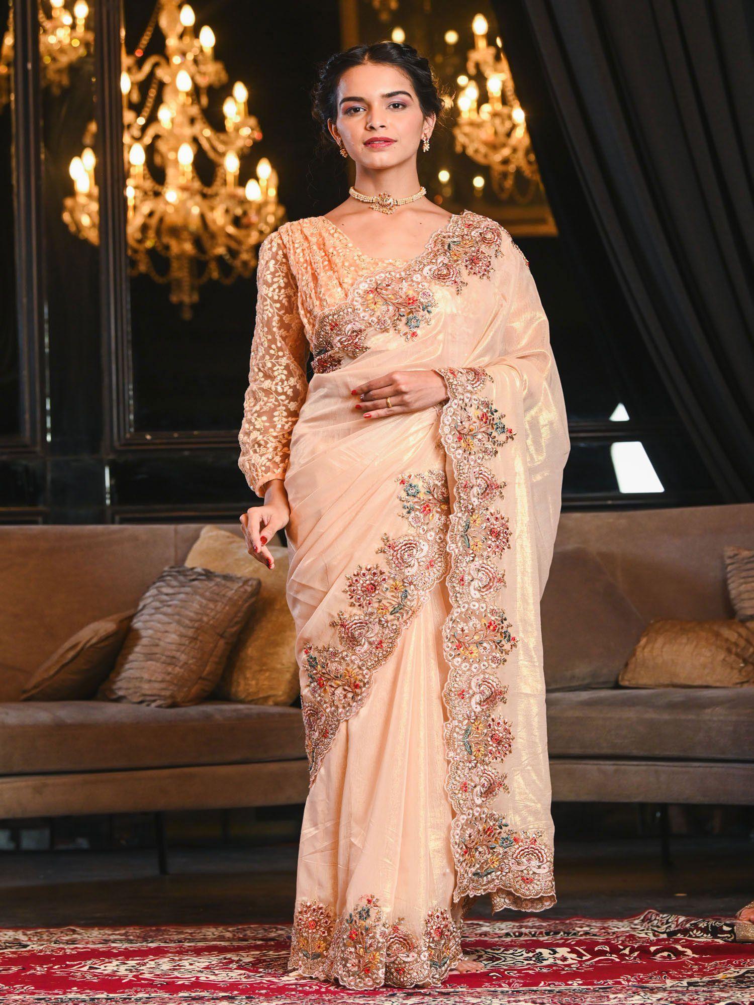 peach premium tissue with embroidery saree with unstitched blouse