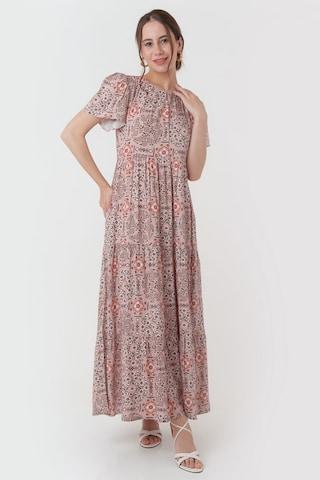 peach print ankle-length casual women regular fit dress