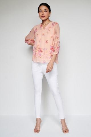 peach print casual 3/4th sleeves v neck women regular fit top