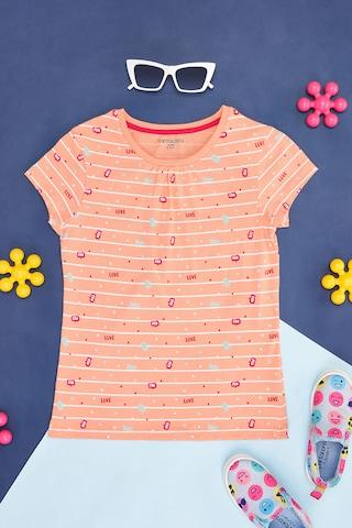 peach print casual full sleeves round neck girls regular fit  t-shirt