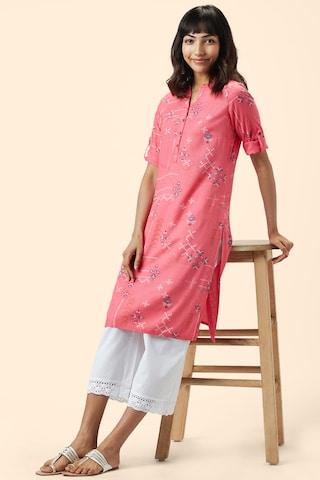 peach print casual mandarin 3/4th sleeves calf-length women regular fit kurta