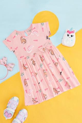 peach print cotton round neck girls regular fit dresses