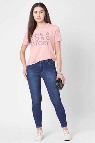 peach print cotton round neck women slim fit t-shirts