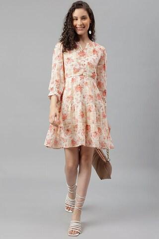 peach print thigh-length party women a line fit dress