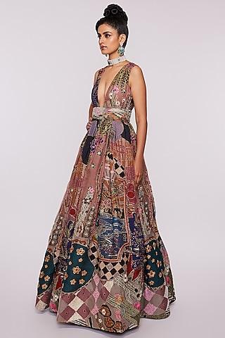 peach printed & embellished gown