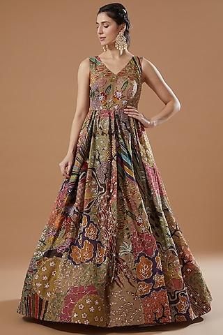 peach printed & embellished gown