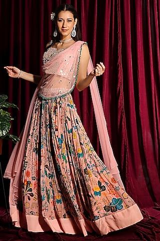 peach printed & embroidered gathered lehenga set