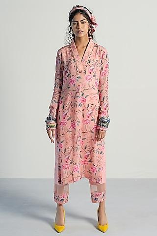 peach printed & embroidered kurta with pants