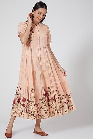 peach printed & embroidered tiered dress