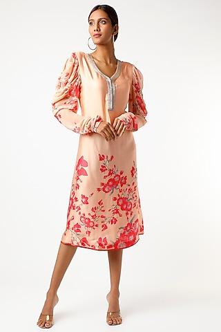 peach printed & embroidered tunic