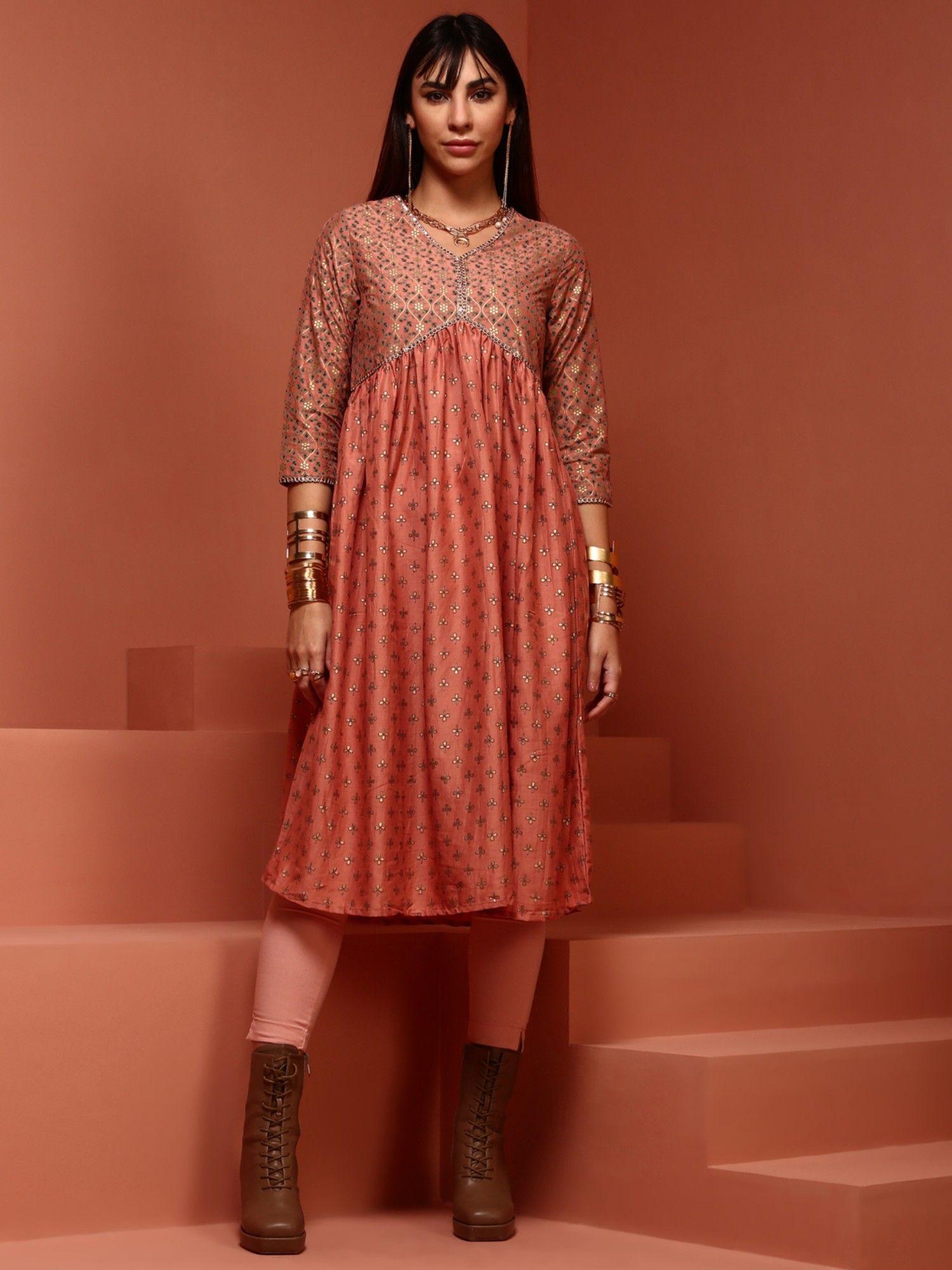 peach printed anarkali gathered kurta