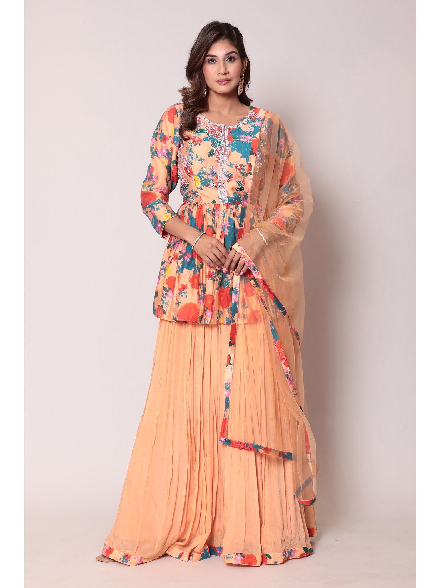 peach printed and mirror work kurta and skirt (set of 3)