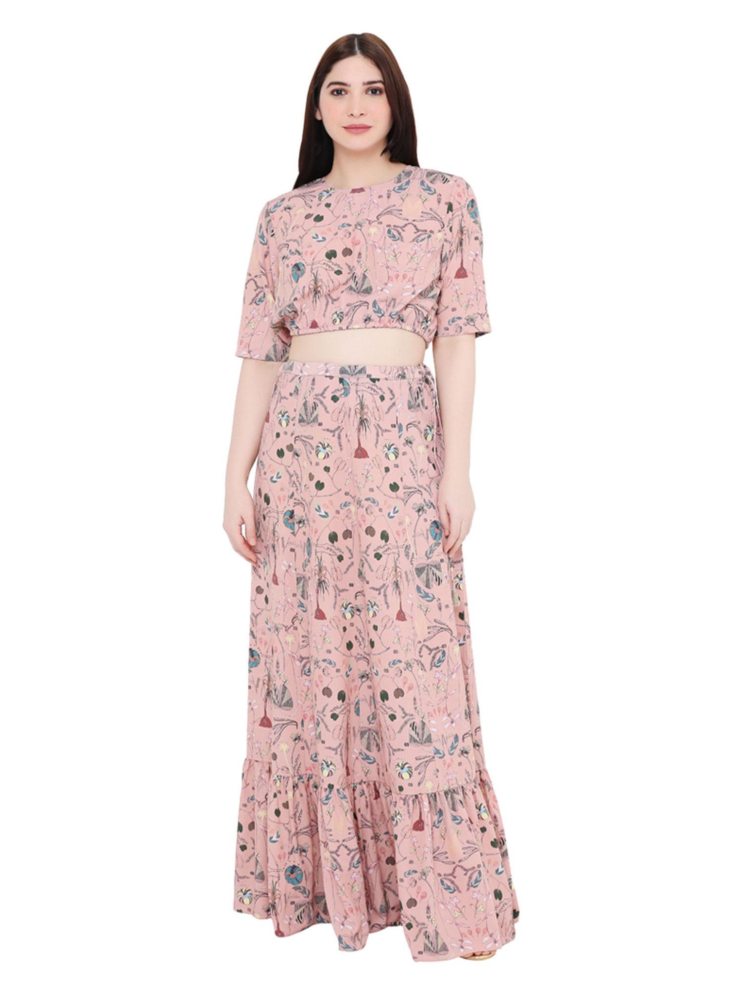 peach printed art crepe skirt and top for women (set of 2)