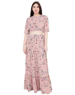 peach printed art crepe skirt set