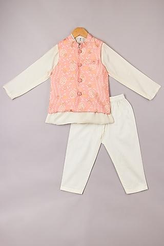peach printed bundi jacket with kurta set for boys